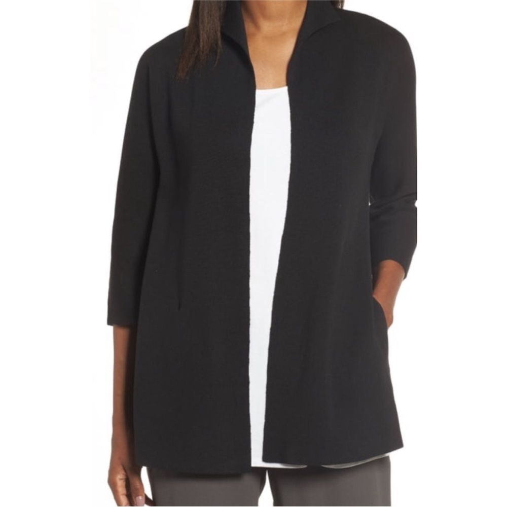 Eileen Fisher Interlock Knit Funnel Neck Silk Quarter Sleeve Jacket Black Small